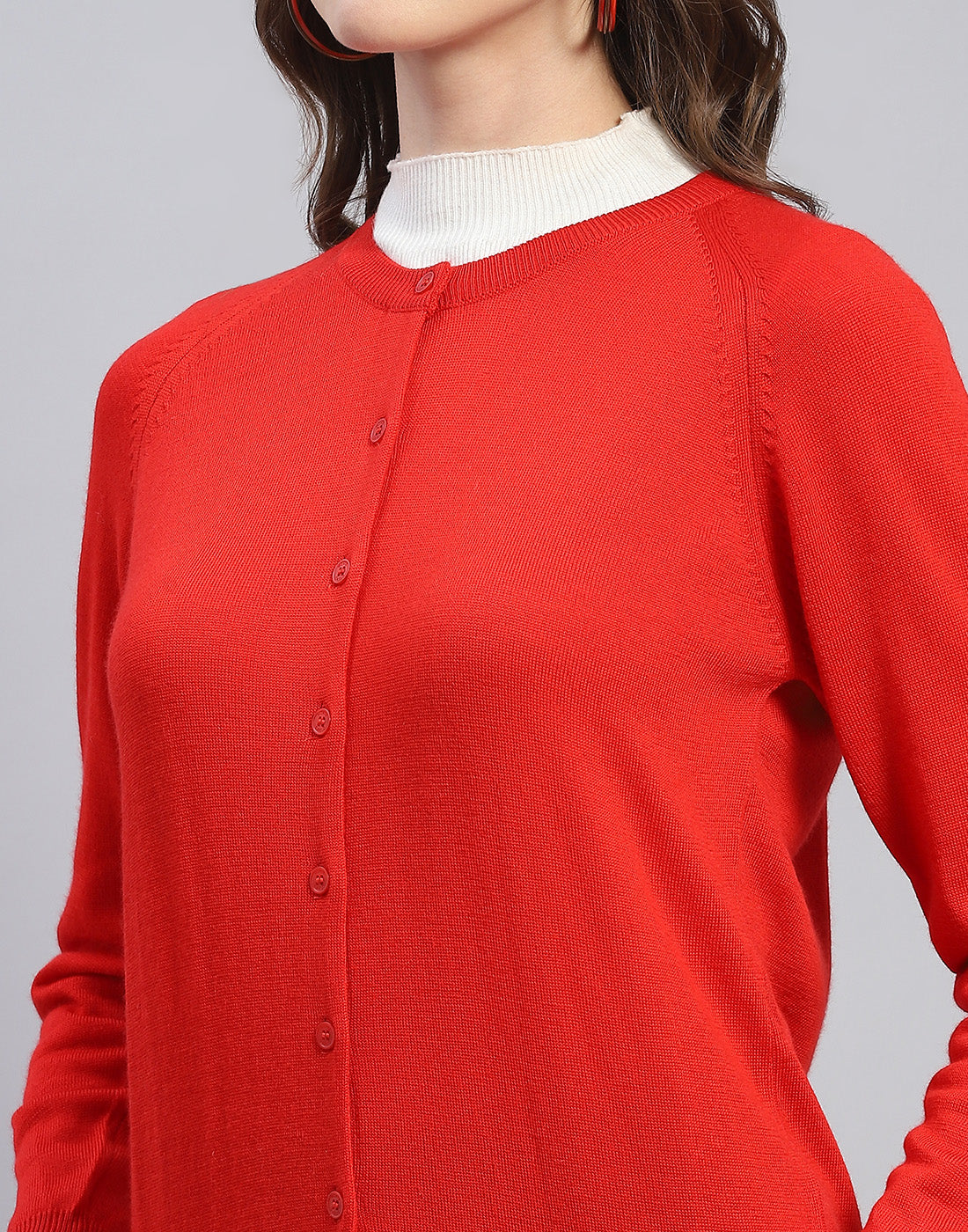 Women Red Solid Round Neck Full Sleeve Cardigan