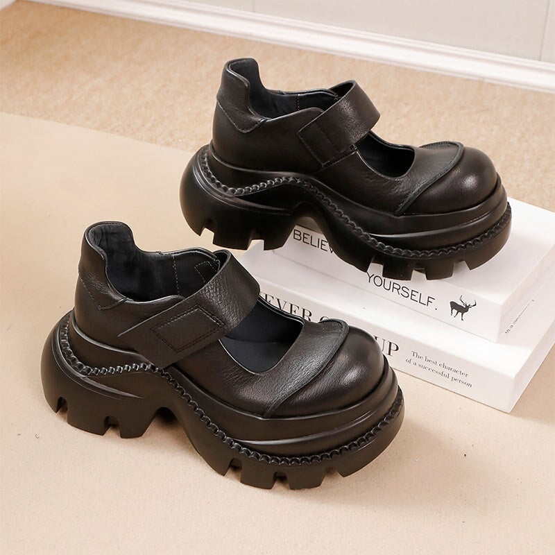 Vintage Style Cowhide 52mm Chunky Heel Platform Mary Jane Shoes in Black/Light Brown