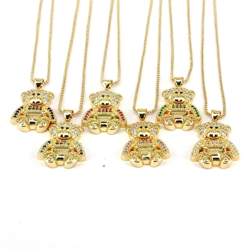 Hip-hop Retro Little Bear Copper Plating Inlay Zircon Gold Plated Pendant Necklace