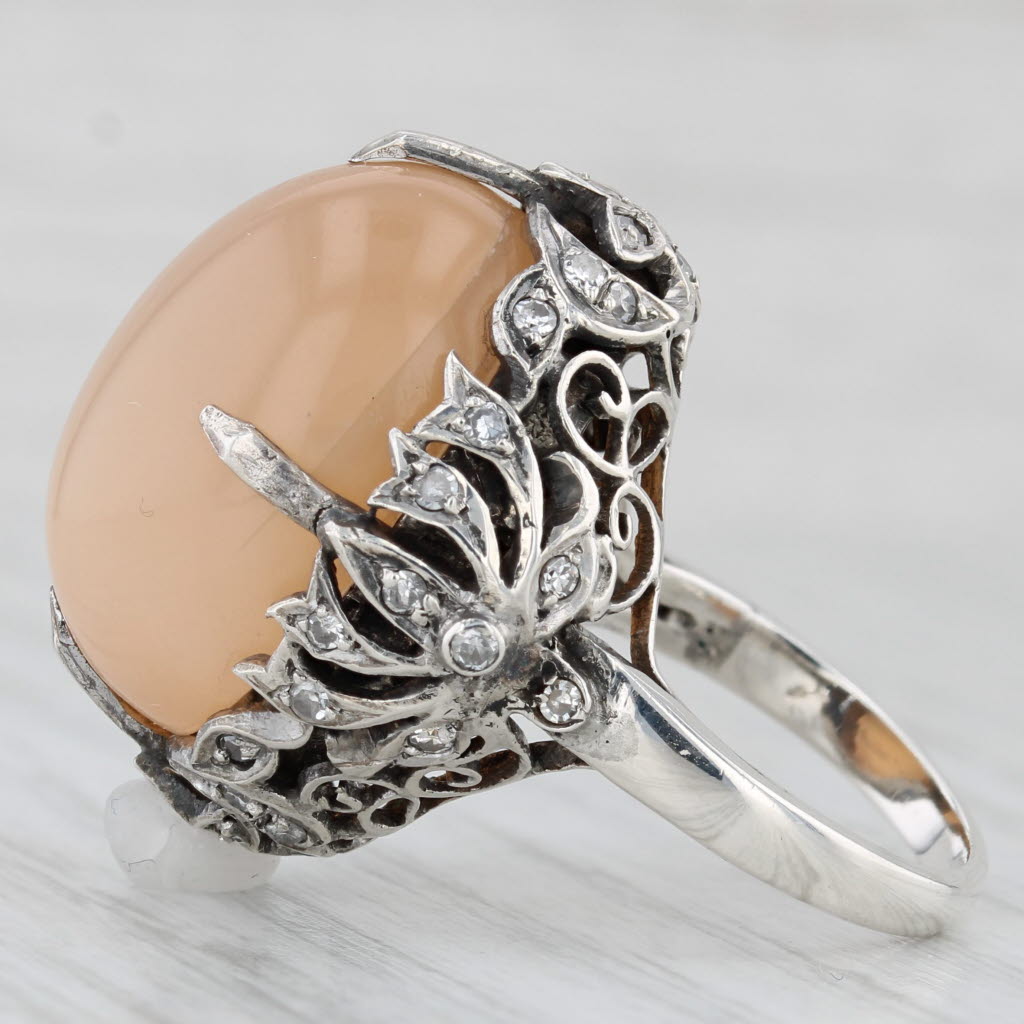 Peach Star Moonstone Diamond Ring 800 Silver Vintage Ornate Size 5 Cocktail