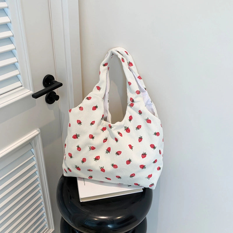 Women's Medium Canvas Flower Strawberry Basic Classic Style Zipper Tote Bag
