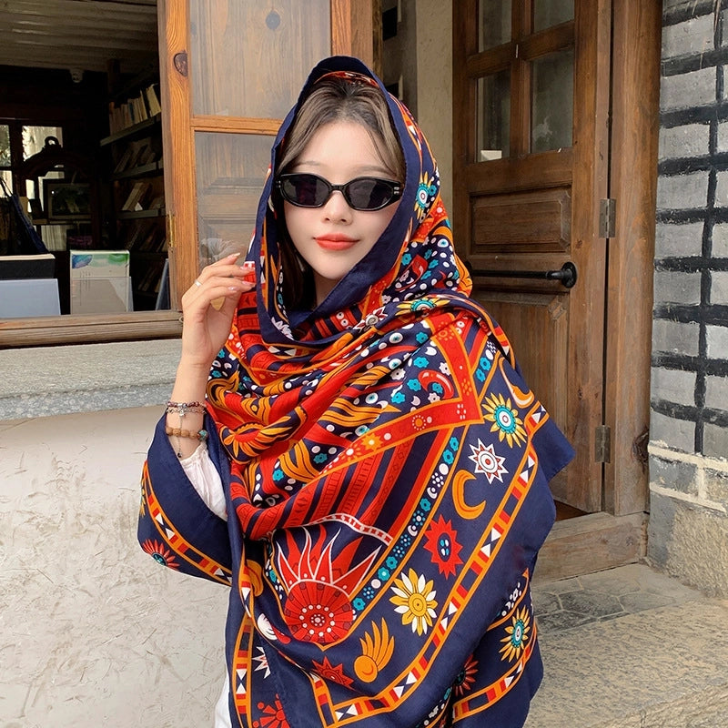 Silk Scarf Women's Summer Seaside Beach Sunscreen Shawl Scarf Dual-use  Long Ethnic Style Plus Size Travel Silk Scarf