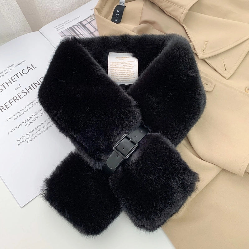 Women's Plush Collar Scarf With Belt Buckle Autumn And Winter Warm Fashionable All-match Cross Scarf