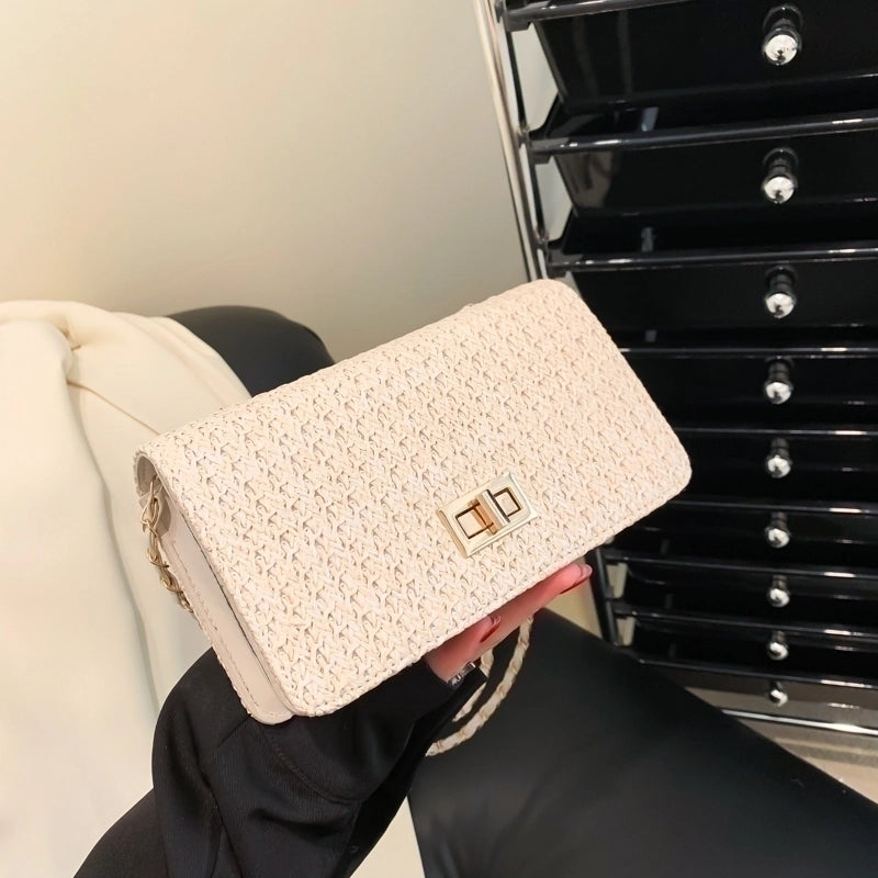 Women's Straw Solid Color Vacation Metal Button Square Lock Clasp Crossbody Bag
