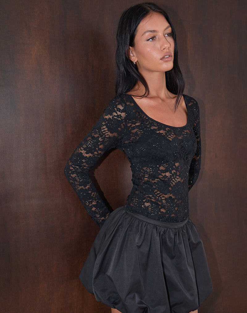 Lainey Unlined Long Sleeve Top in Black Sequin Lace