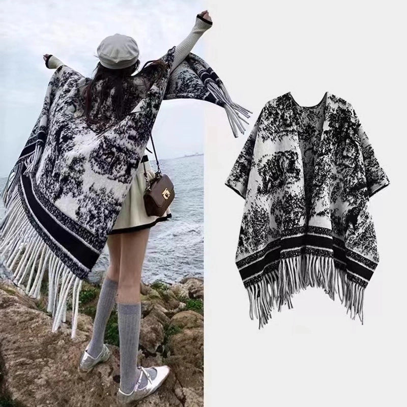 Travel Outside Knitted Shawl Ethnic Style Vintage Cape Cloak Tassel Scarf For Vacation Wear