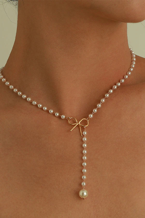 Gold Bowknot Pearl Pendant Necklace