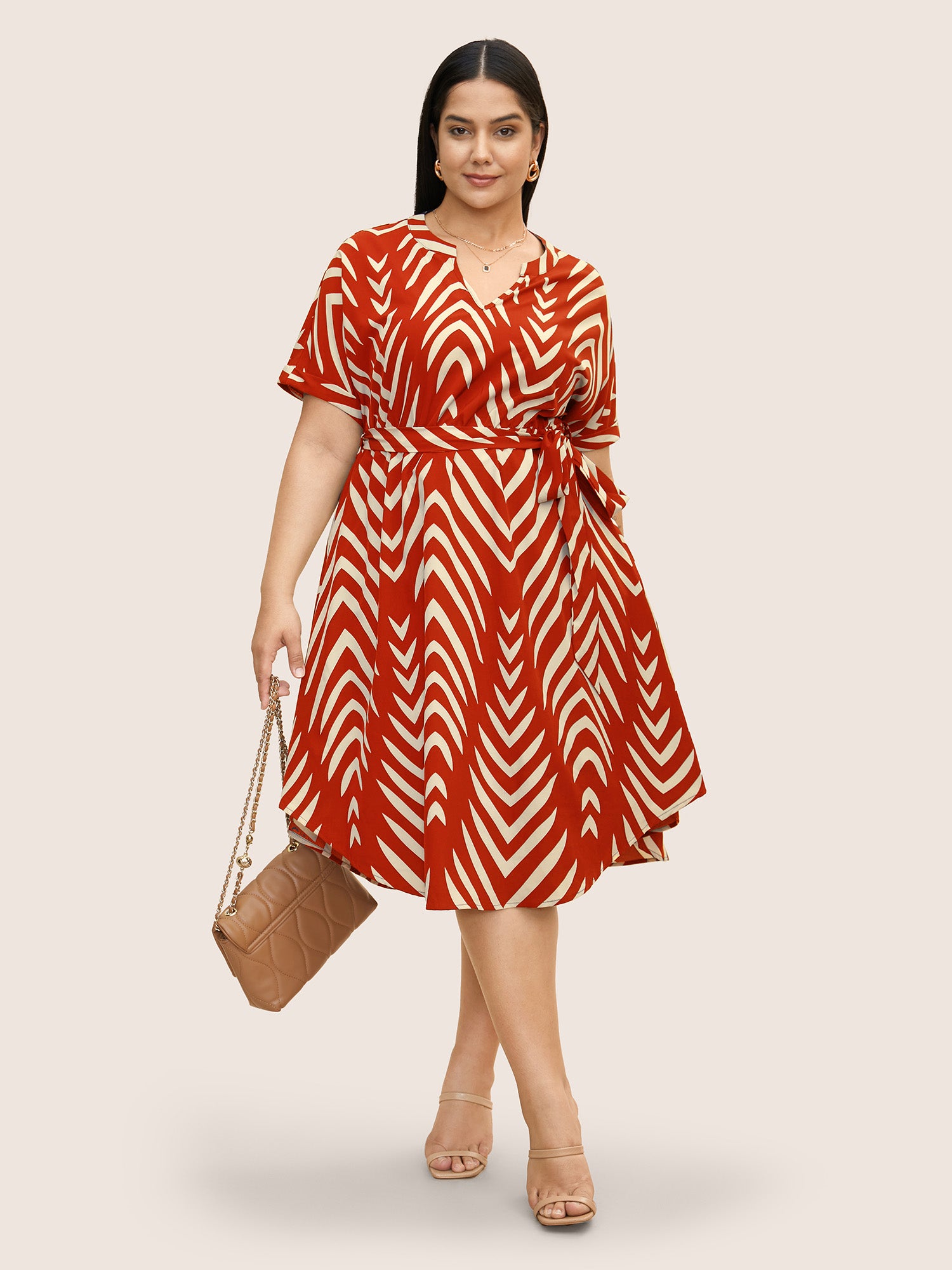 Geometric Belted Dolman Sleeve Curved Hem Dress