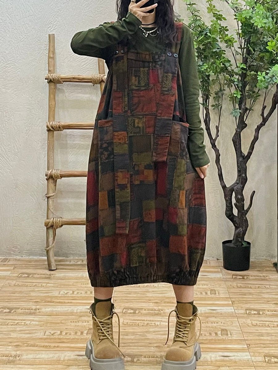 Plus Size Women Autumn Retro Patch Spliced Overall Dress