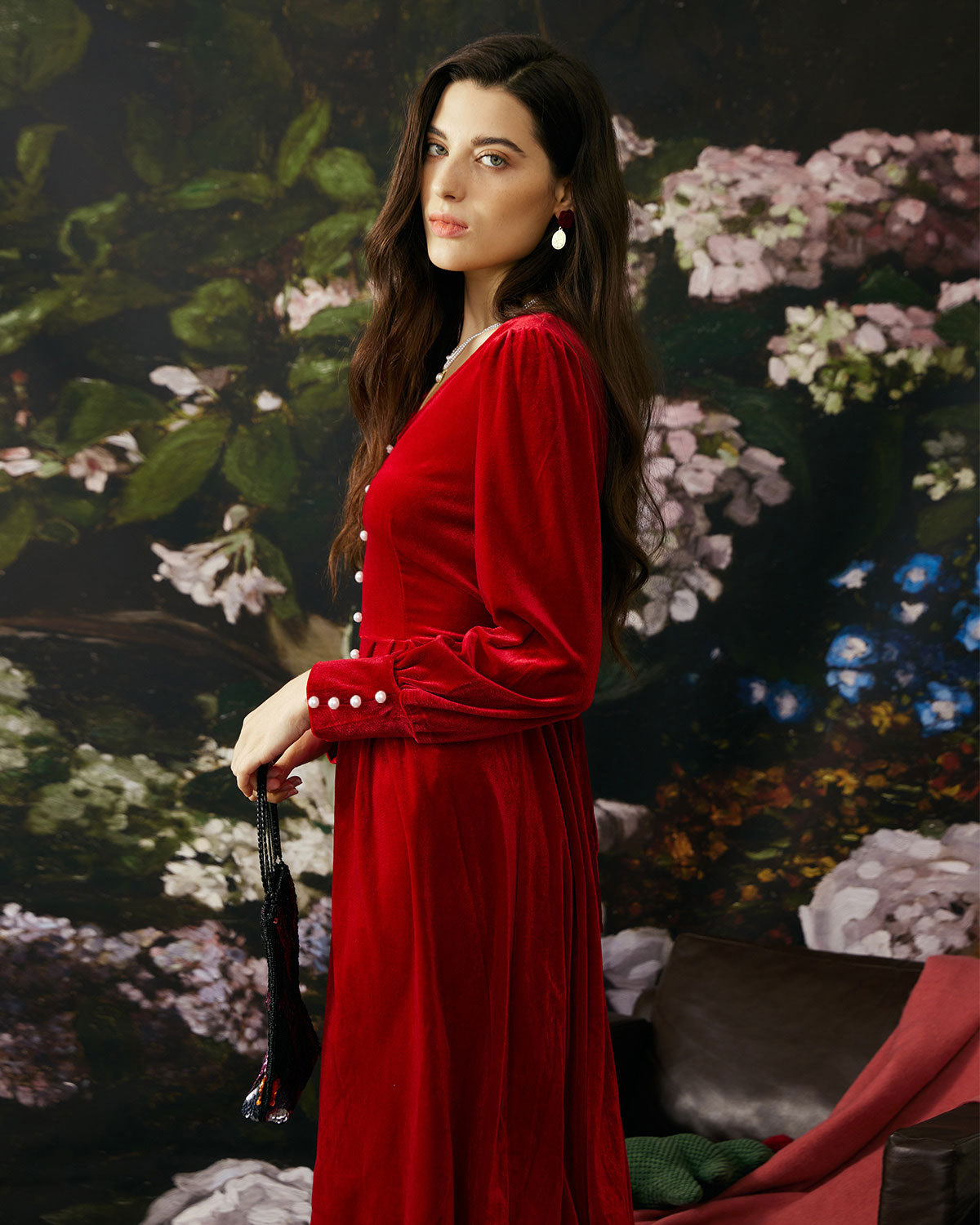 The Pearl Button Red Velvet Dress