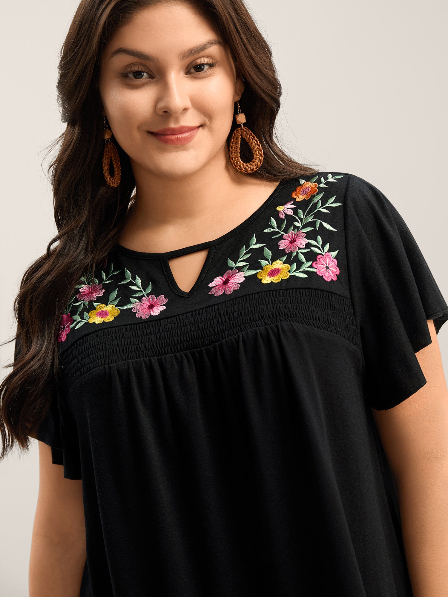 Floral Embroidered Neckline Flared Sleeve Top