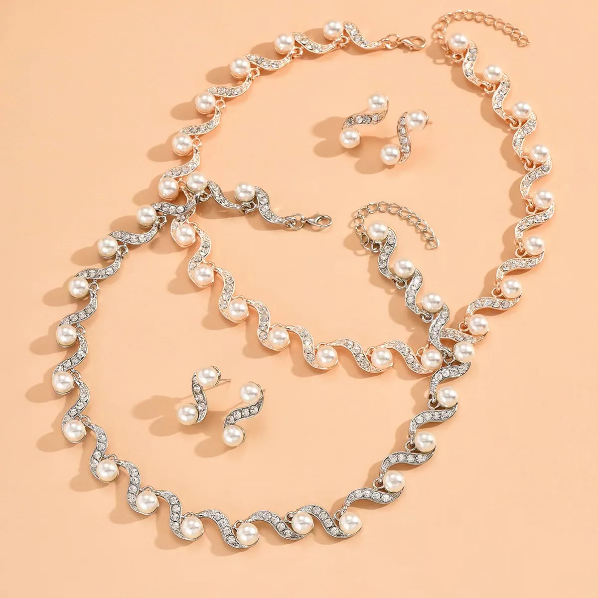 wedding dress accessories wave shaped pearl necklace earrings jewelry set