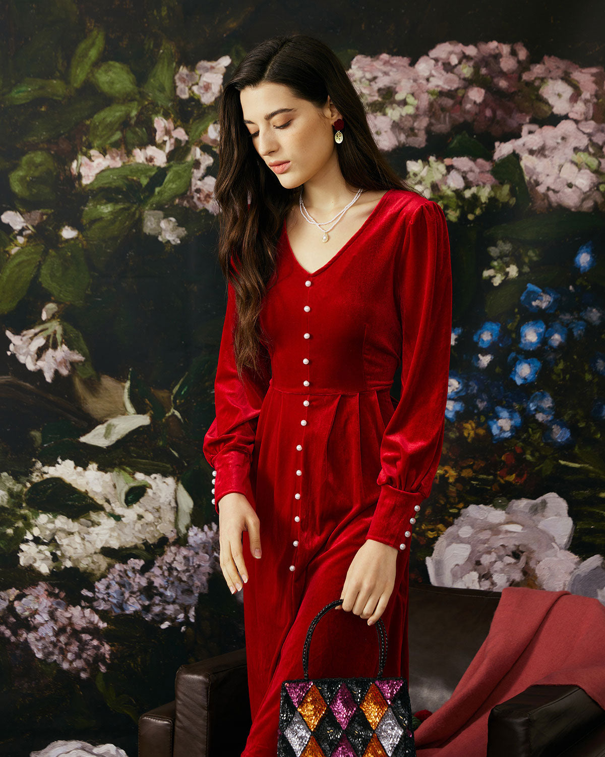 The Pearl Button Red Velvet Dress