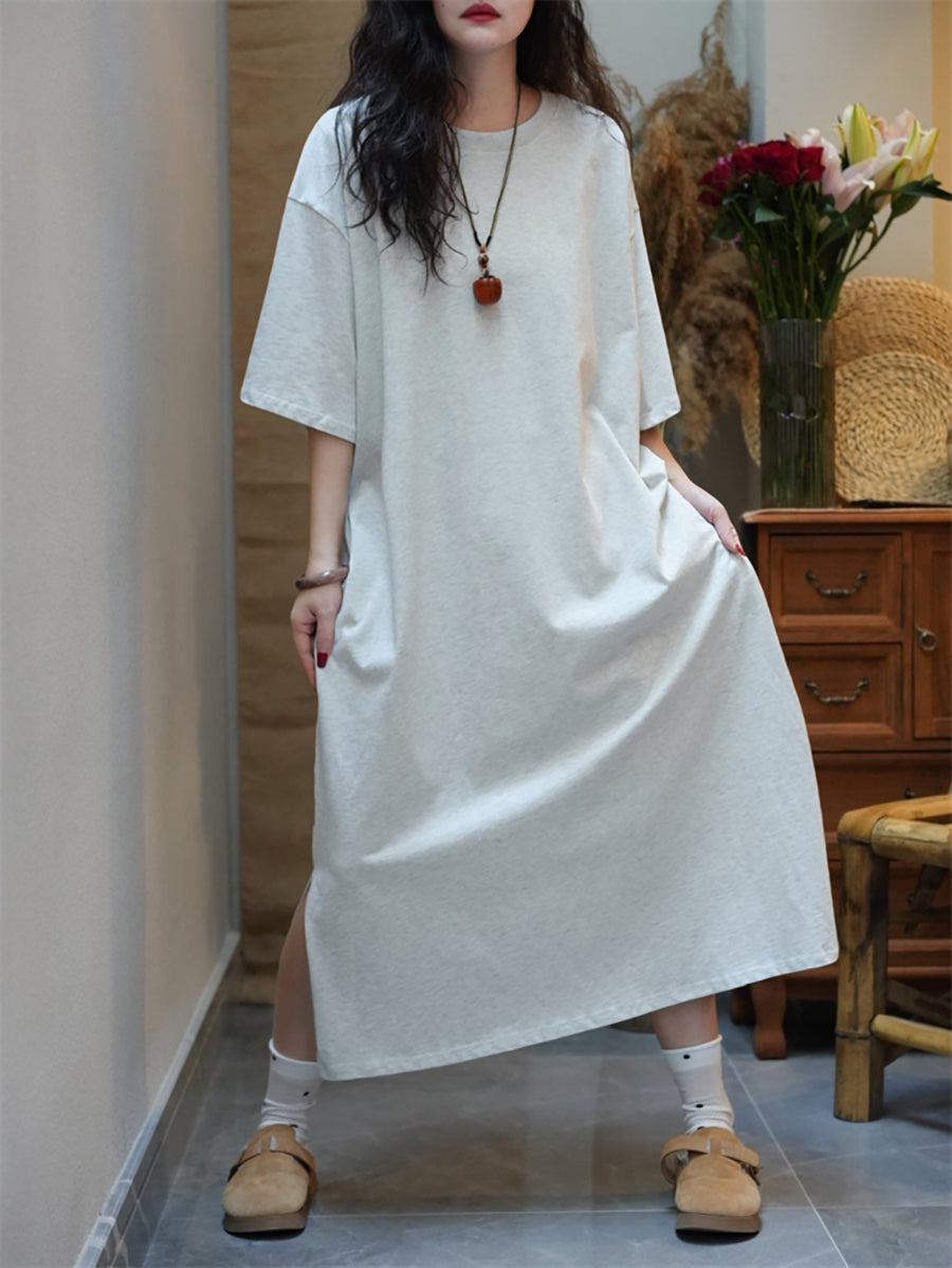 Women Summer Casual Pure Color O-Neck Cotton Dress