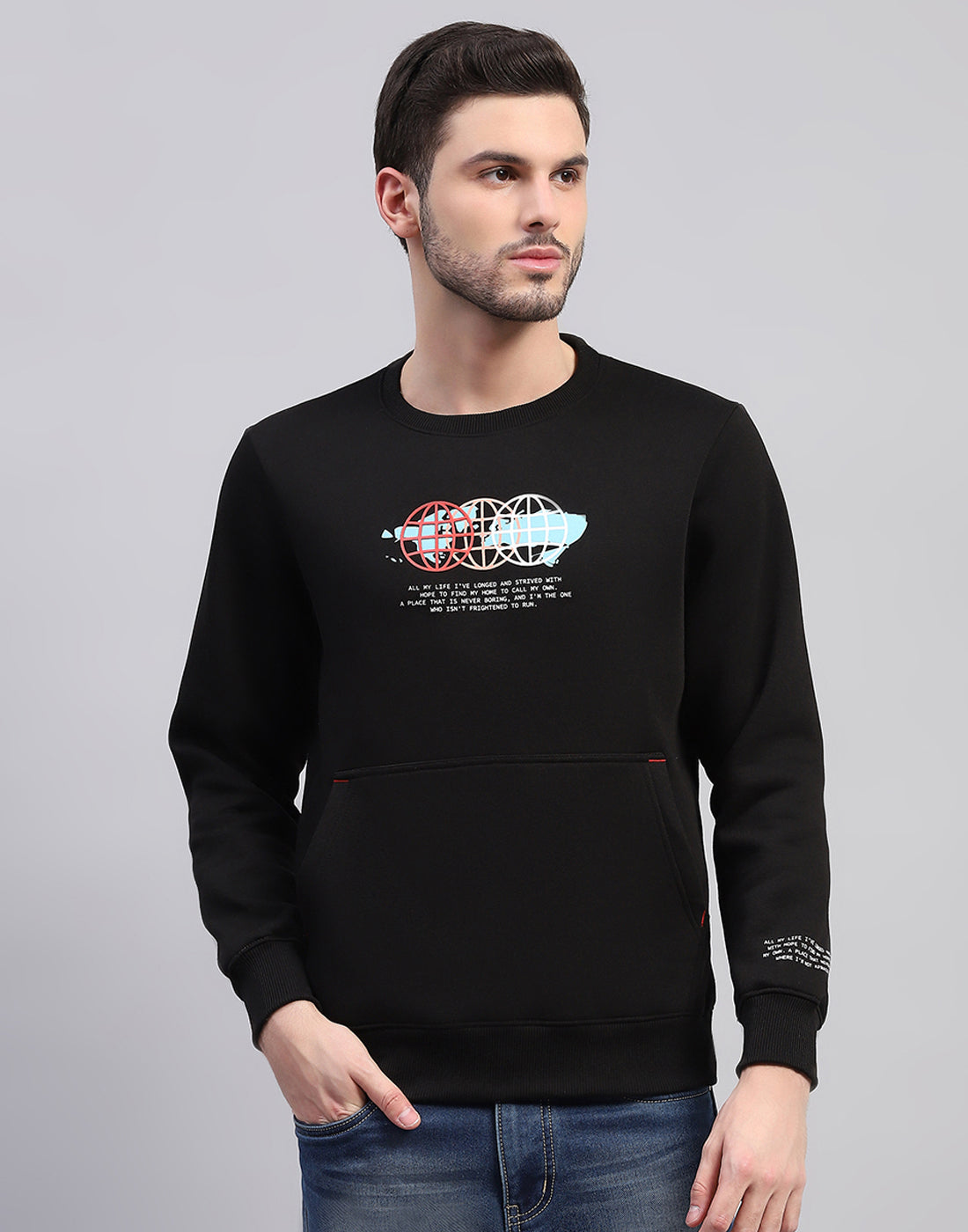 Men Black Printed Round Neck Full Sleeve Sweatshirt