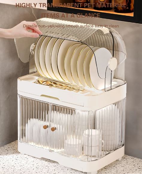 Kitchen Plate Rack With Lid Dish Tableware Storage Draining Box Cupboard