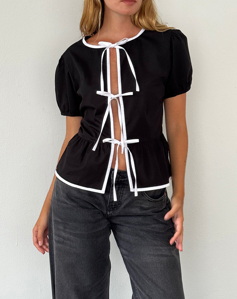 Ryota Tie Front Blouse in Black with White Binding