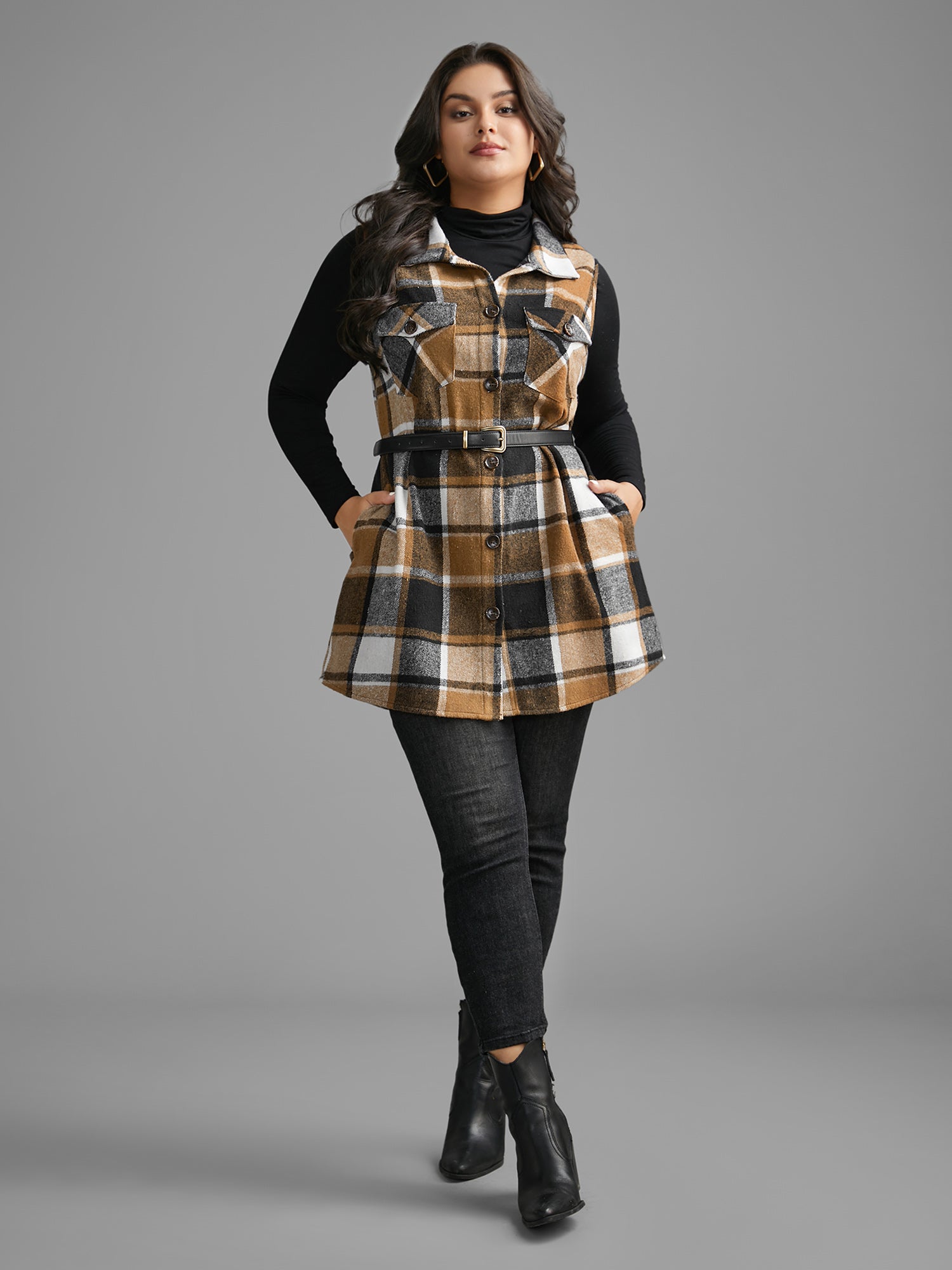 Plaid Flap Detail Sleeveless Jacket