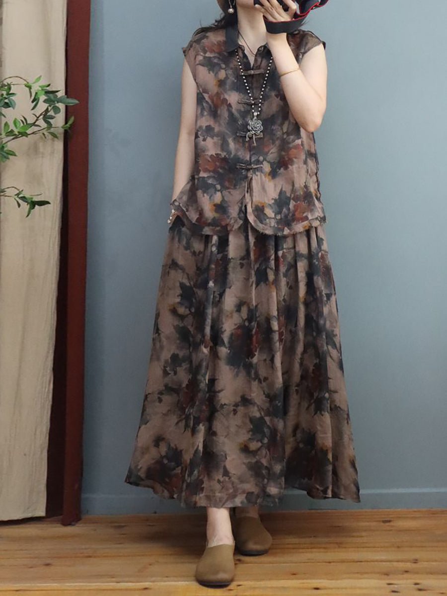 Plus Size Women Summer Ethnic Ink Flower Ramie Shirt/Skirt