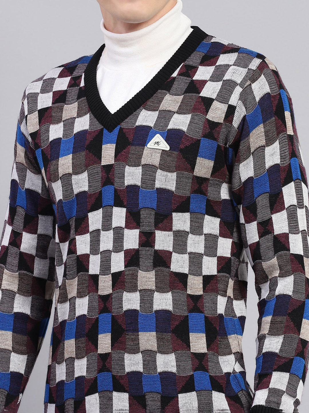 Men Multicolor Check V Neck Full Sleeve Pullover