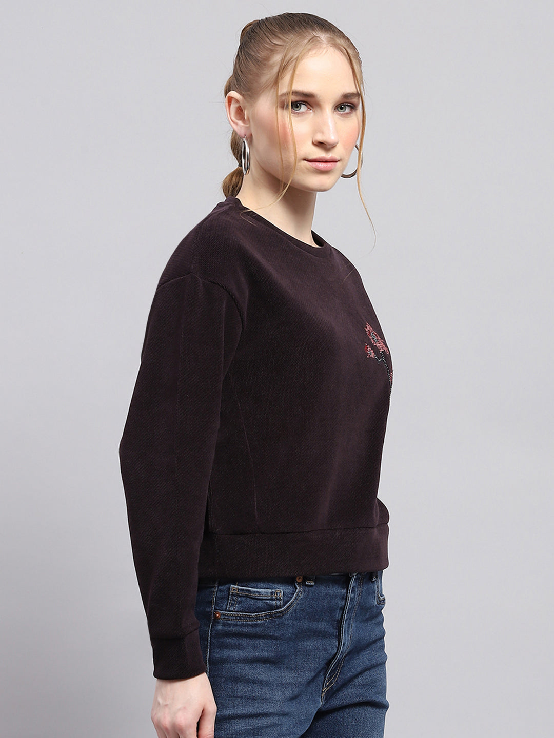 Women Maroon Printed Round Neck Full Sleeve Sweatshirt