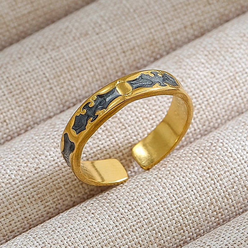 Rock Oversized Leaves Eye Flower 304 Stainless Steel Gem 18K Gold Plated Inlay Open Rings