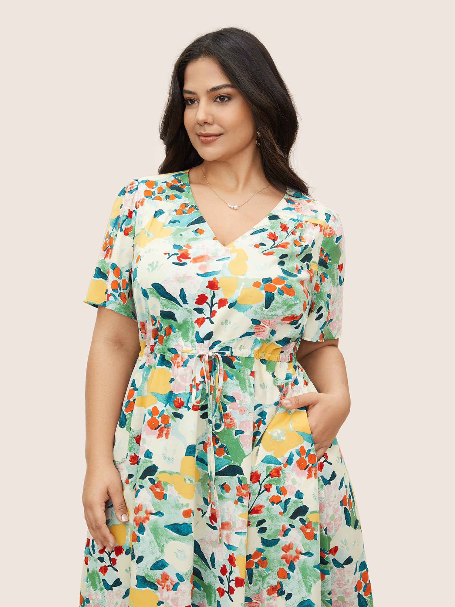 Citrus Lemon Print Drawstring Gathered Dress