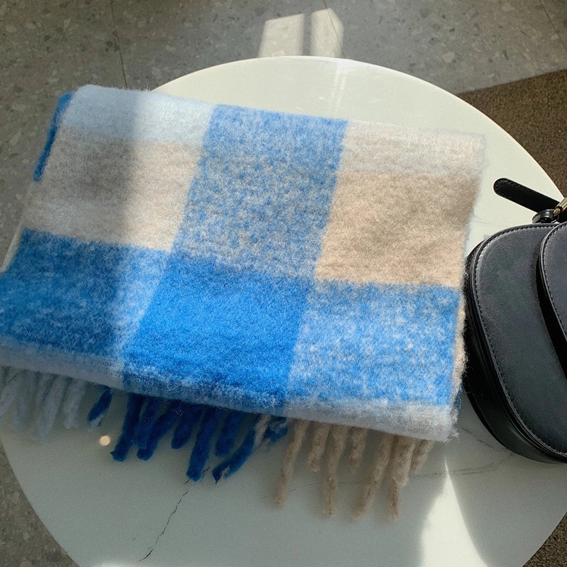 The Same Plaid Scarf Women Stitching Cashmere Mauhair Student Couple Winter Warm Shawl