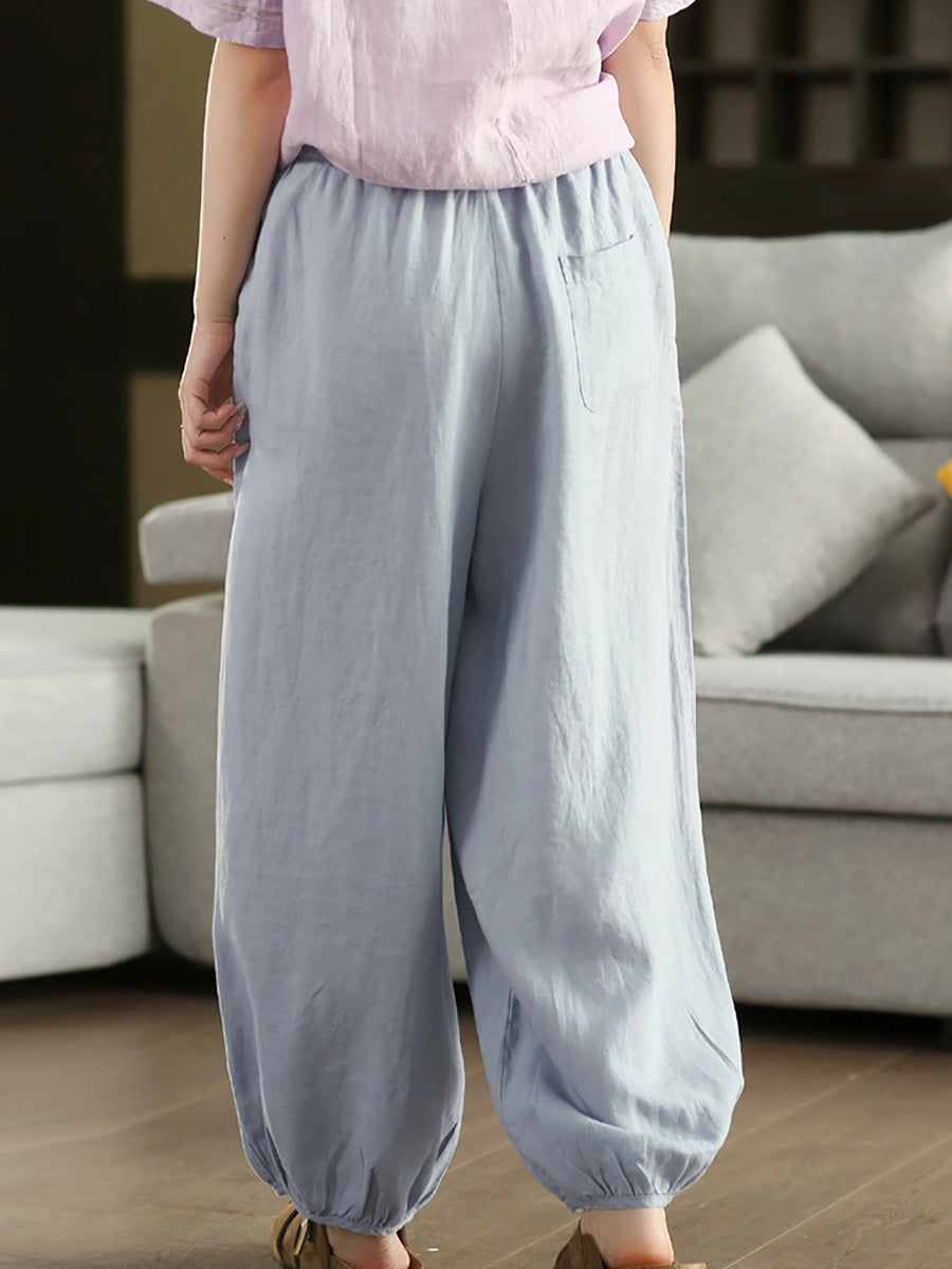 Women Casual Pure Color 100%Linen Bloomers