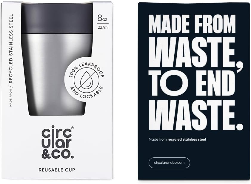Circular & Co Thermal Stainless Steel Travel Mug - 8oz/227ml - Insulated Reusable Coffee Cup - 100% Leakproof & Lockable - 6 Hours Hot/Cold - Push Top, One Hand Open, 360 Drinking Coffee Tumbler