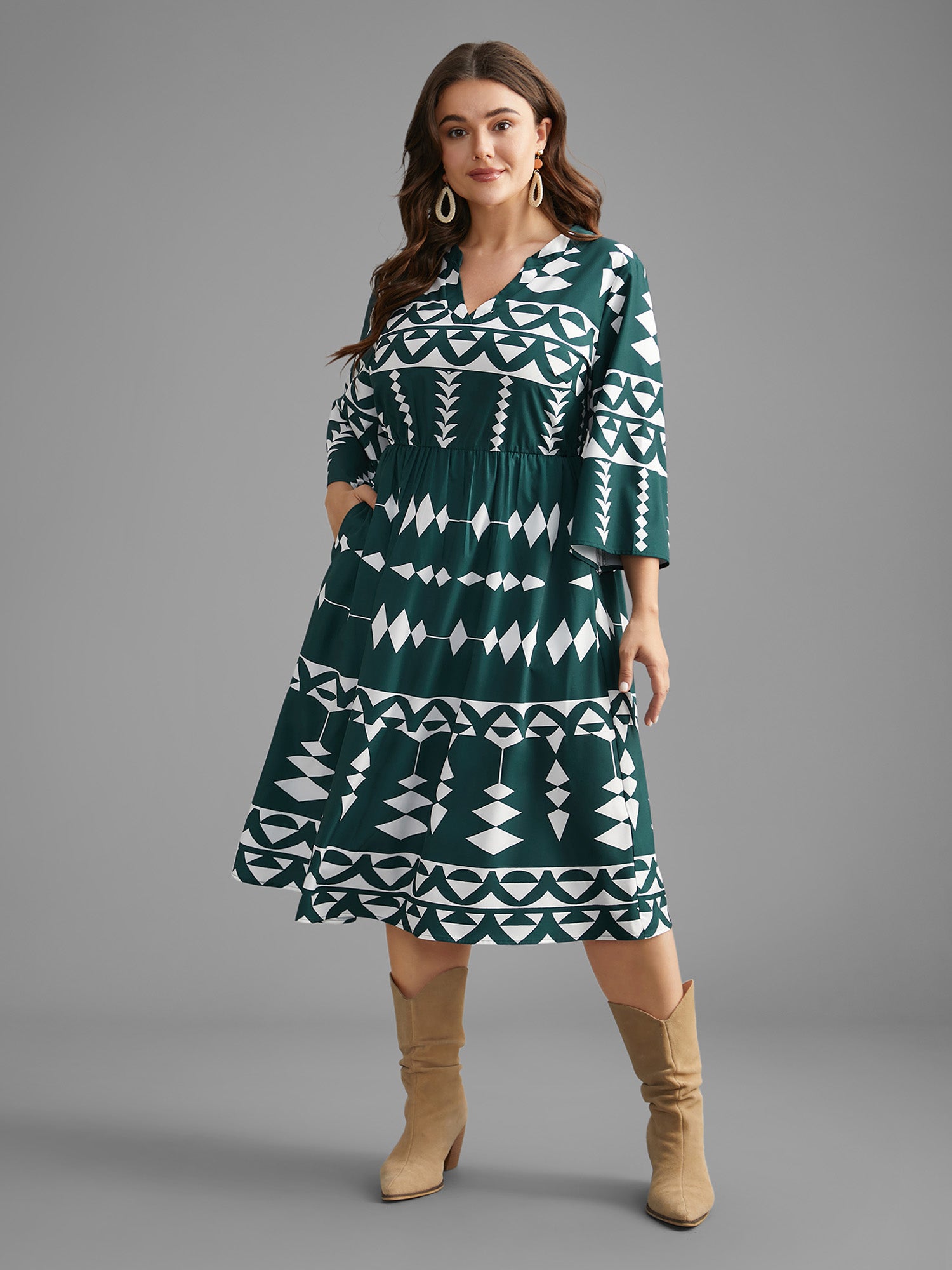 Geometric Pattern Elastic Waist Midi Dress
