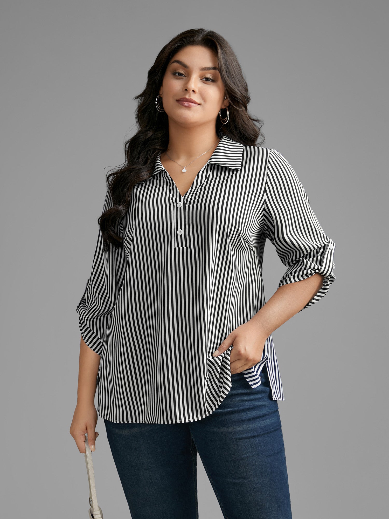 Striped Button Cuff Sleeve Split Hem Blouse