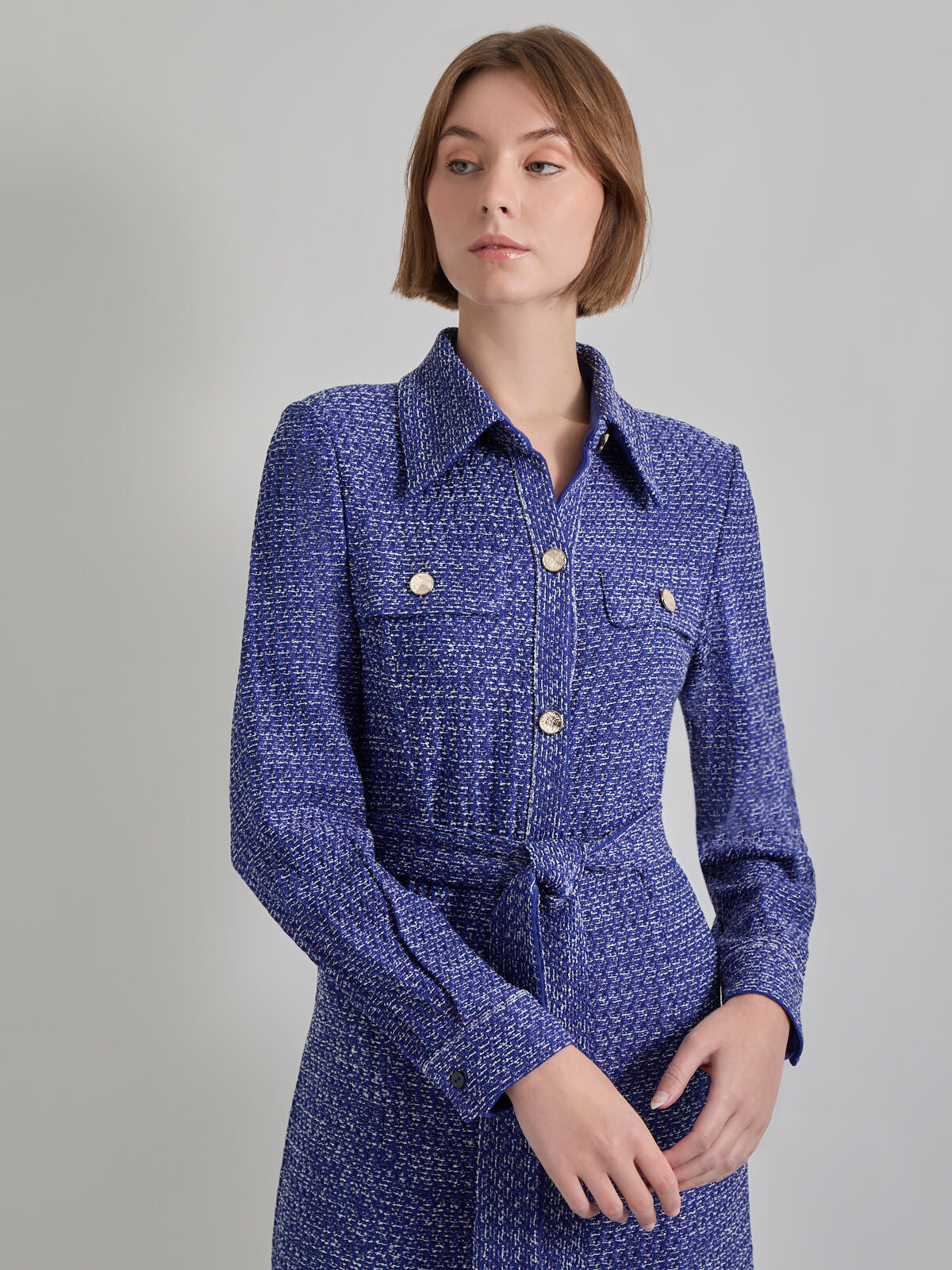 Belted Button Front Tweed Knit Midi Dress
