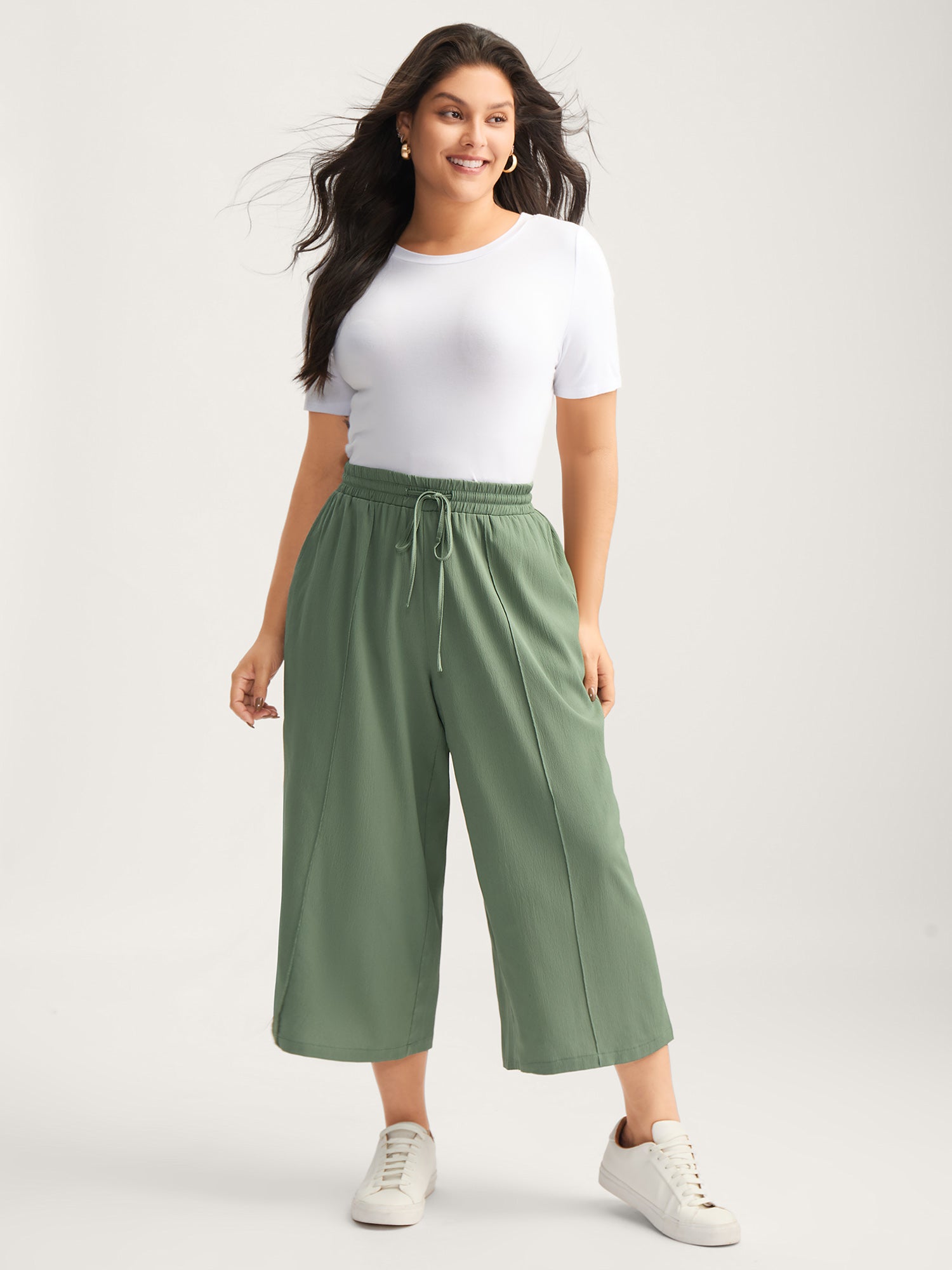 Drawstring Pin Tuck Wide-Leg Pants