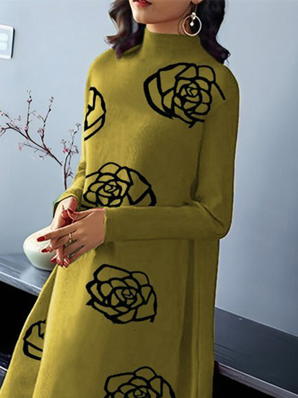 A-Line Long Sleeves Flower Print Mock Neck Midi Dresses