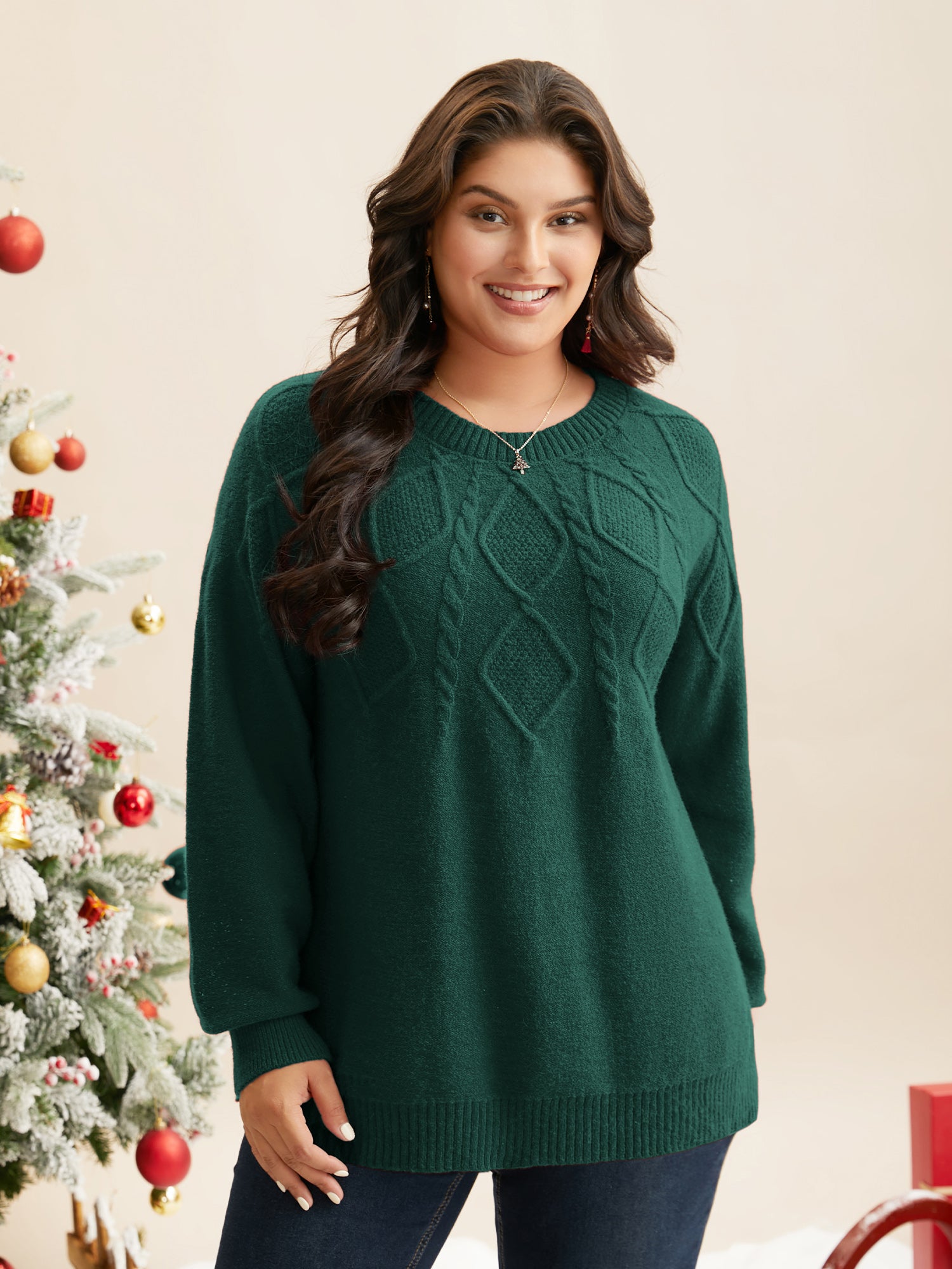 Cable Knit Bodice Crew-Neck Pullover