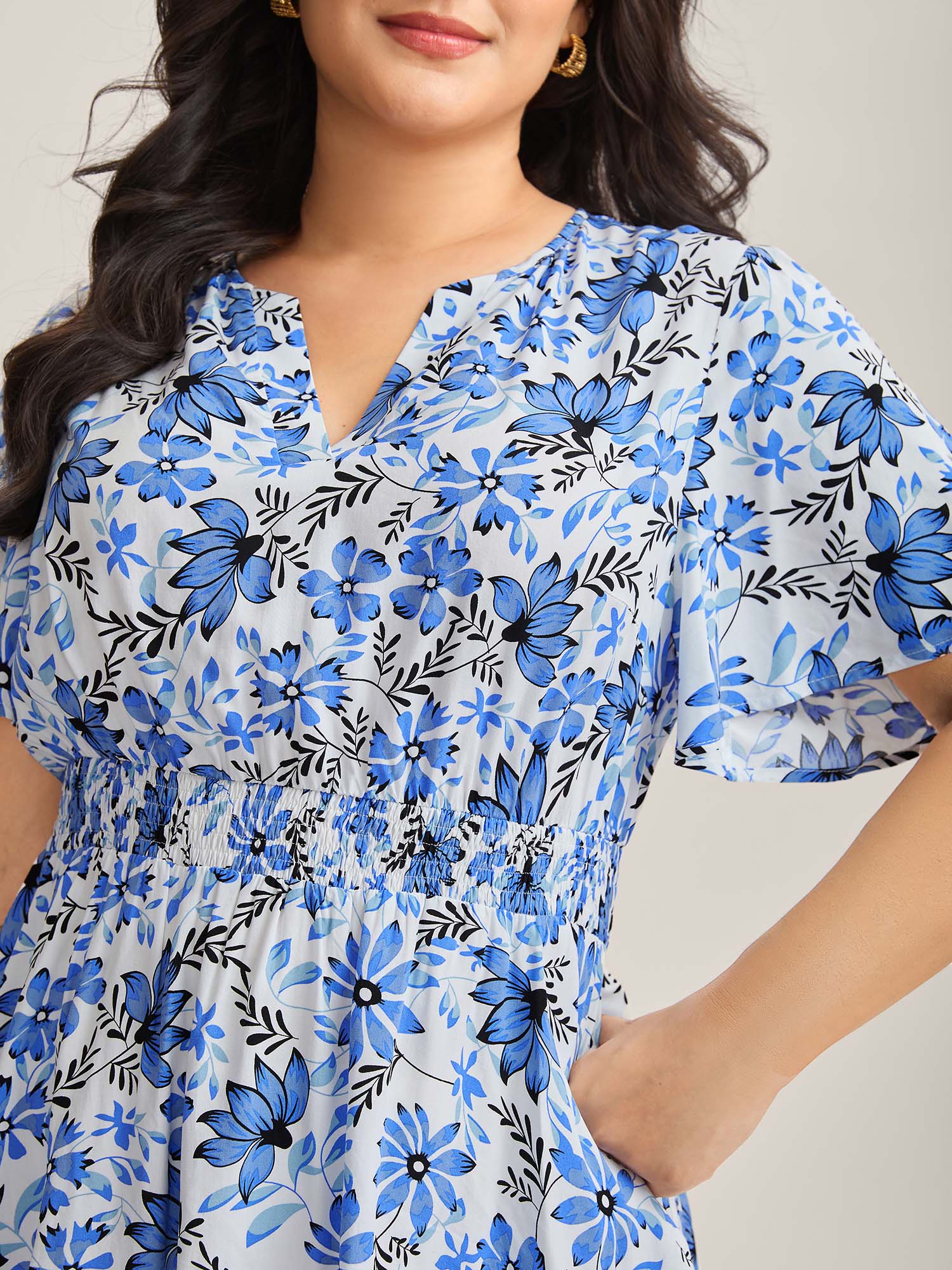 Floral Notched Collar Shirred Waist Blouse
