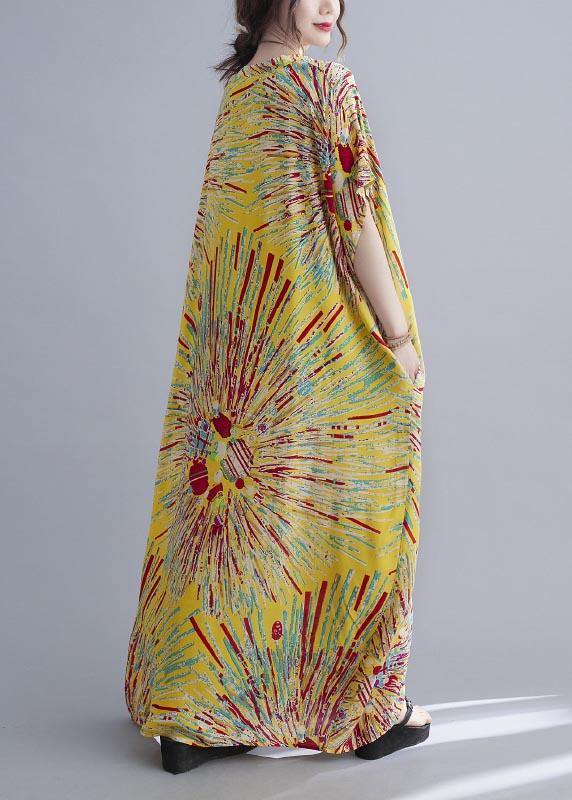 Casual Yellow Print Cotton V Neck Oversize Summer Dress