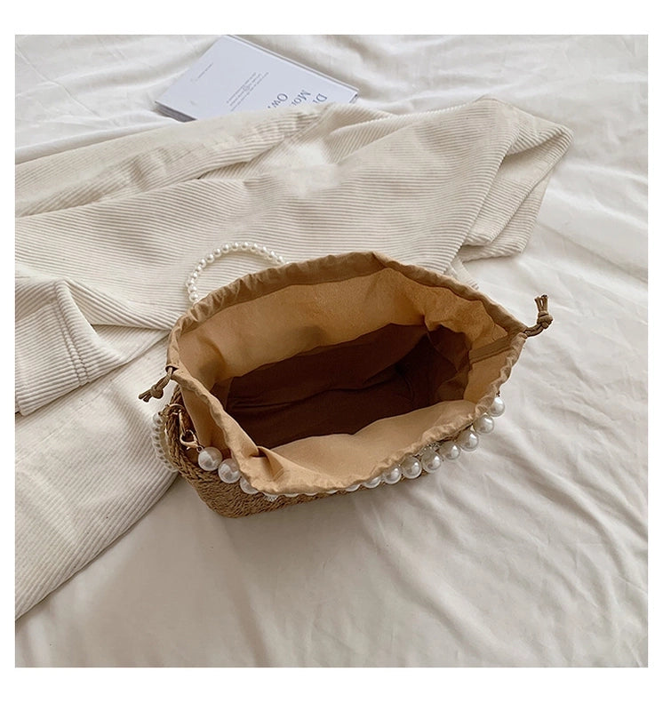 Women's Medium Straw Letter Solid Color Vacation Beach Beading Weave String Straw Bag