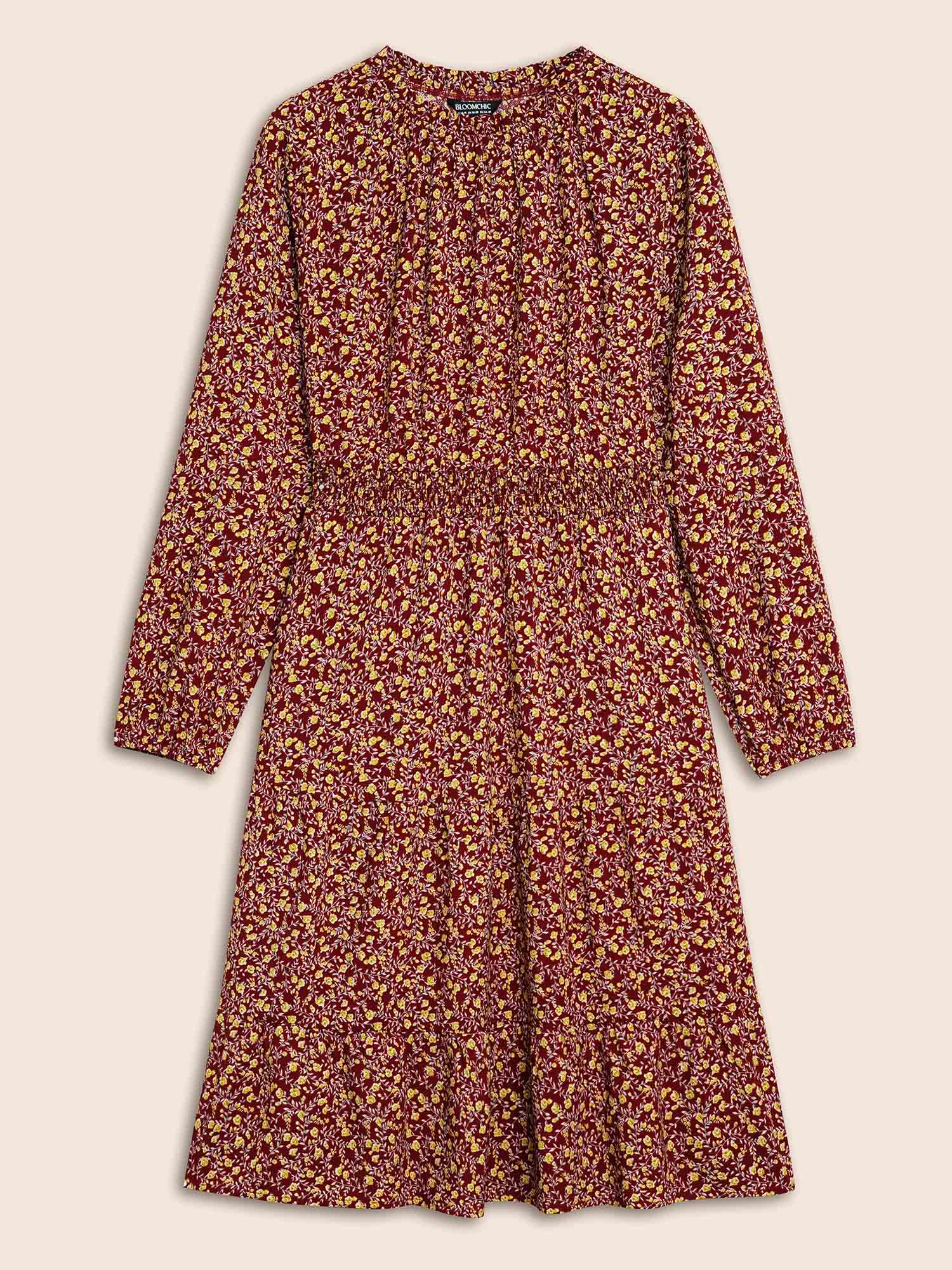 Ditsy Floral Shirred Frill Trim Dress