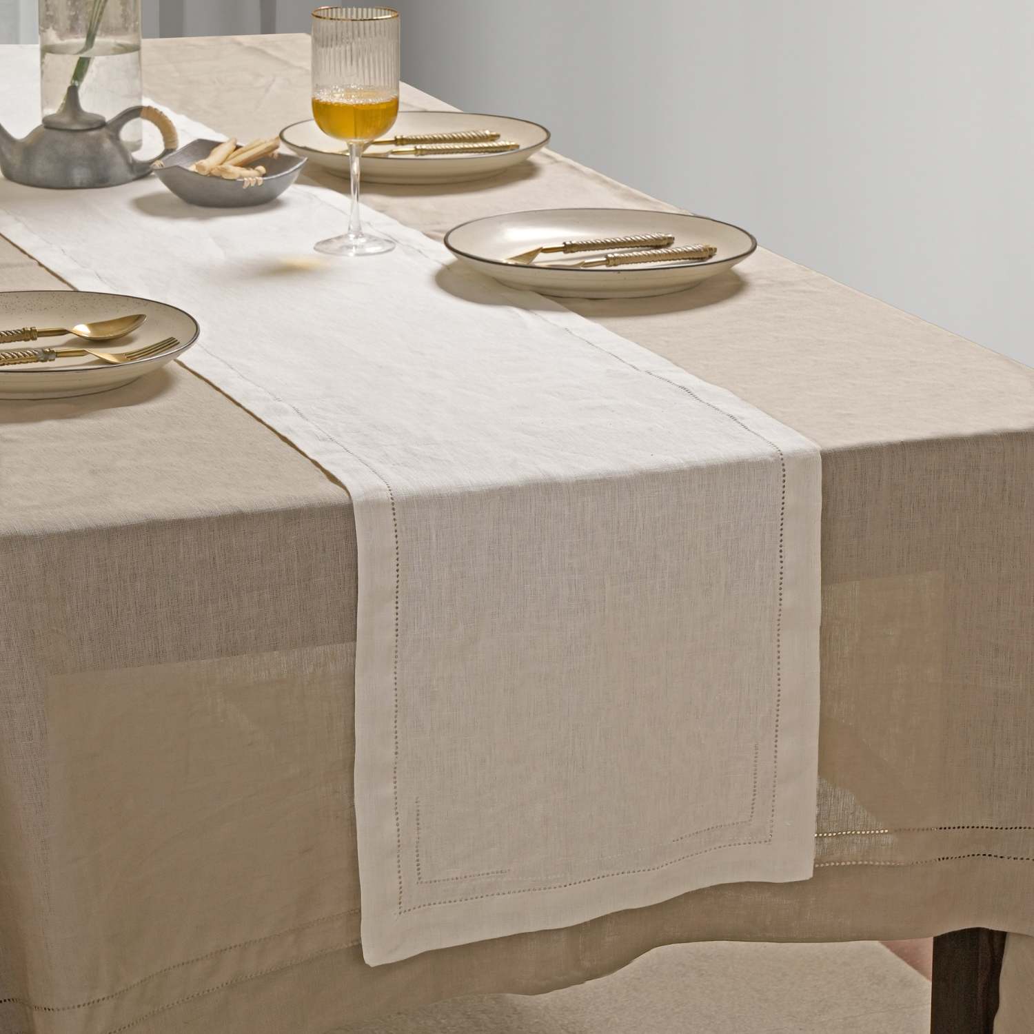 Milk White 100% Linen Incomplete Hemstitch Table Runner 72
