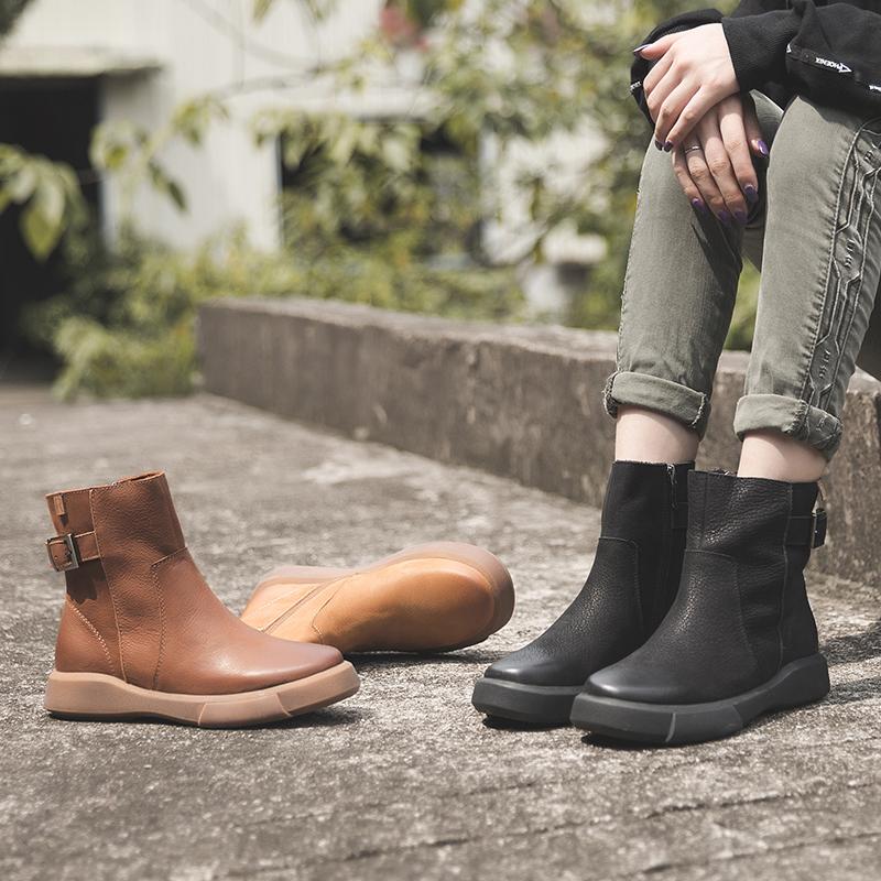 Waxing?Leather Ankle Boots Back Buckle Decorate Black/Coffee