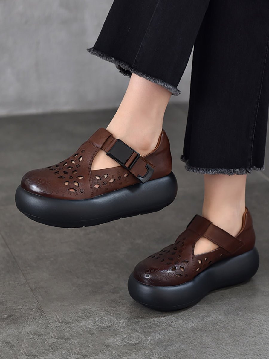 Women Casual Summer Genuine Leather Hollow Out Platform Shoes