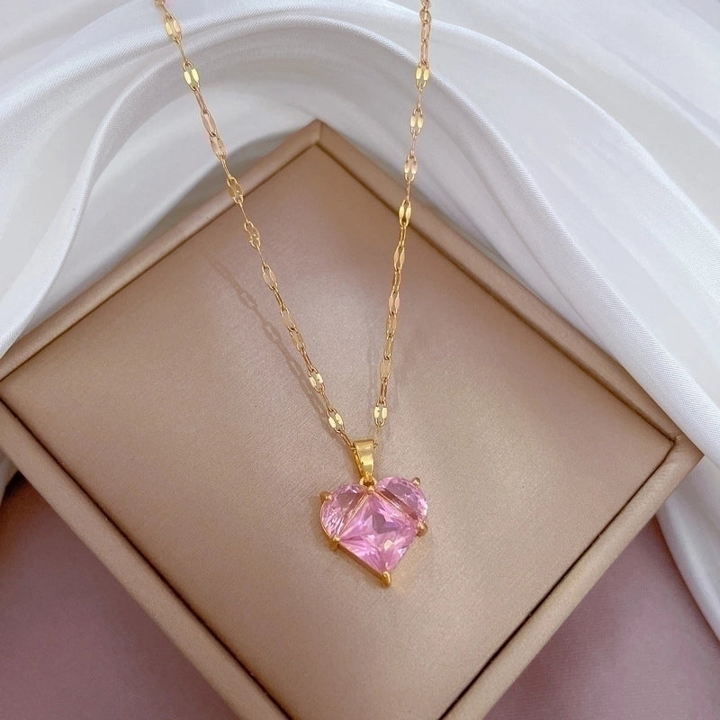2 Pieces Minimalist Classic Style Geometric Heart Shape Titanium Steel Copper Zircon Pendant Necklace In Bulk