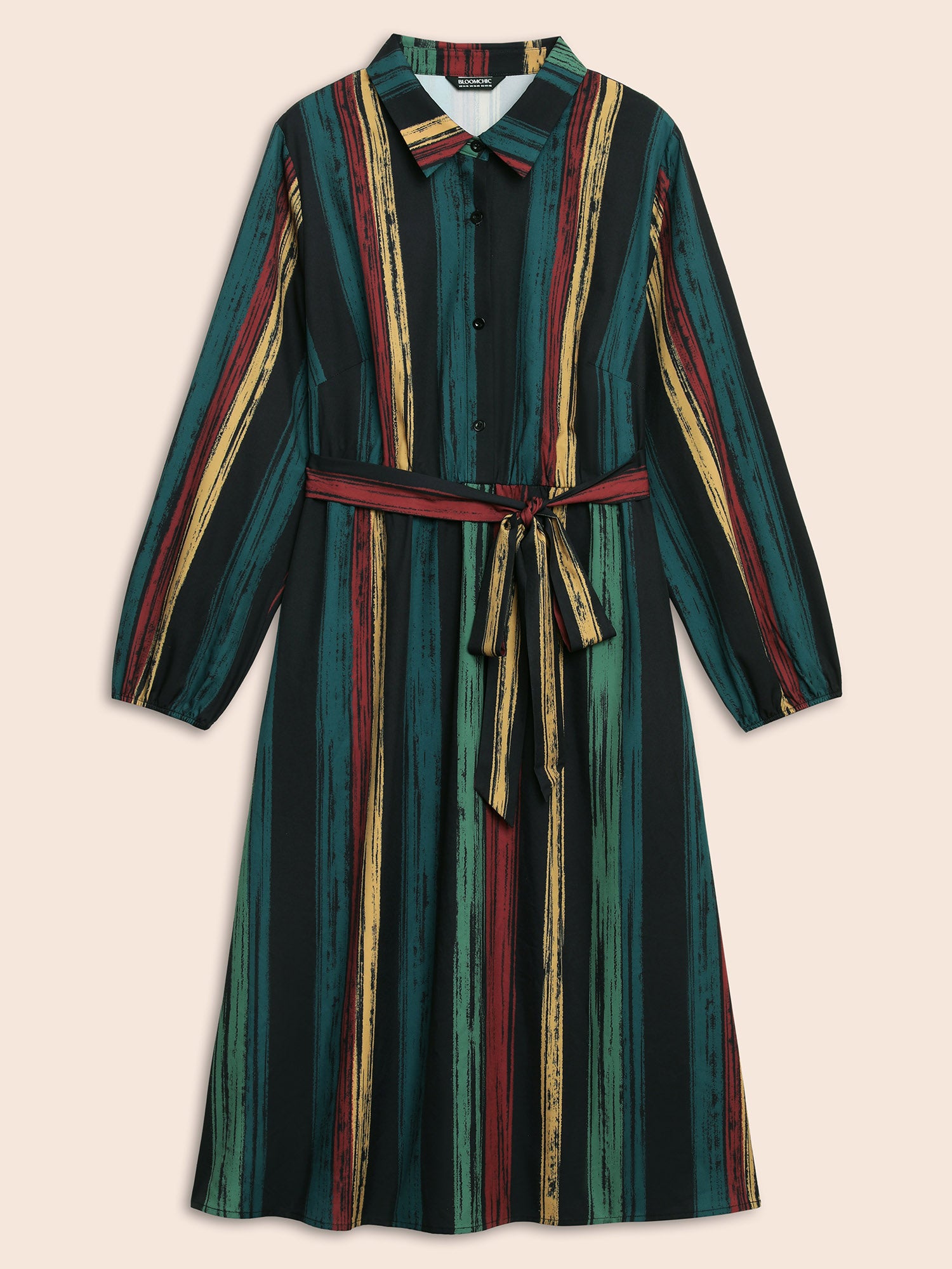 Colored Striped Belted Lantern Sleeve Dress