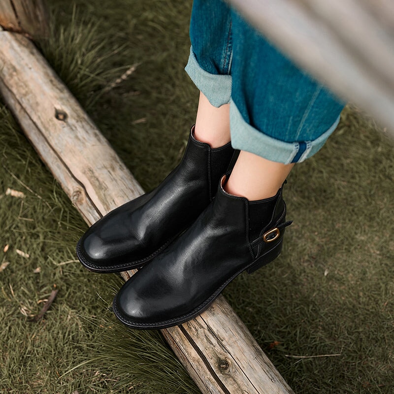 Classic Western Ankle Booties Low Heel Handmade Chelsea Boots with Metal Buckle Accent