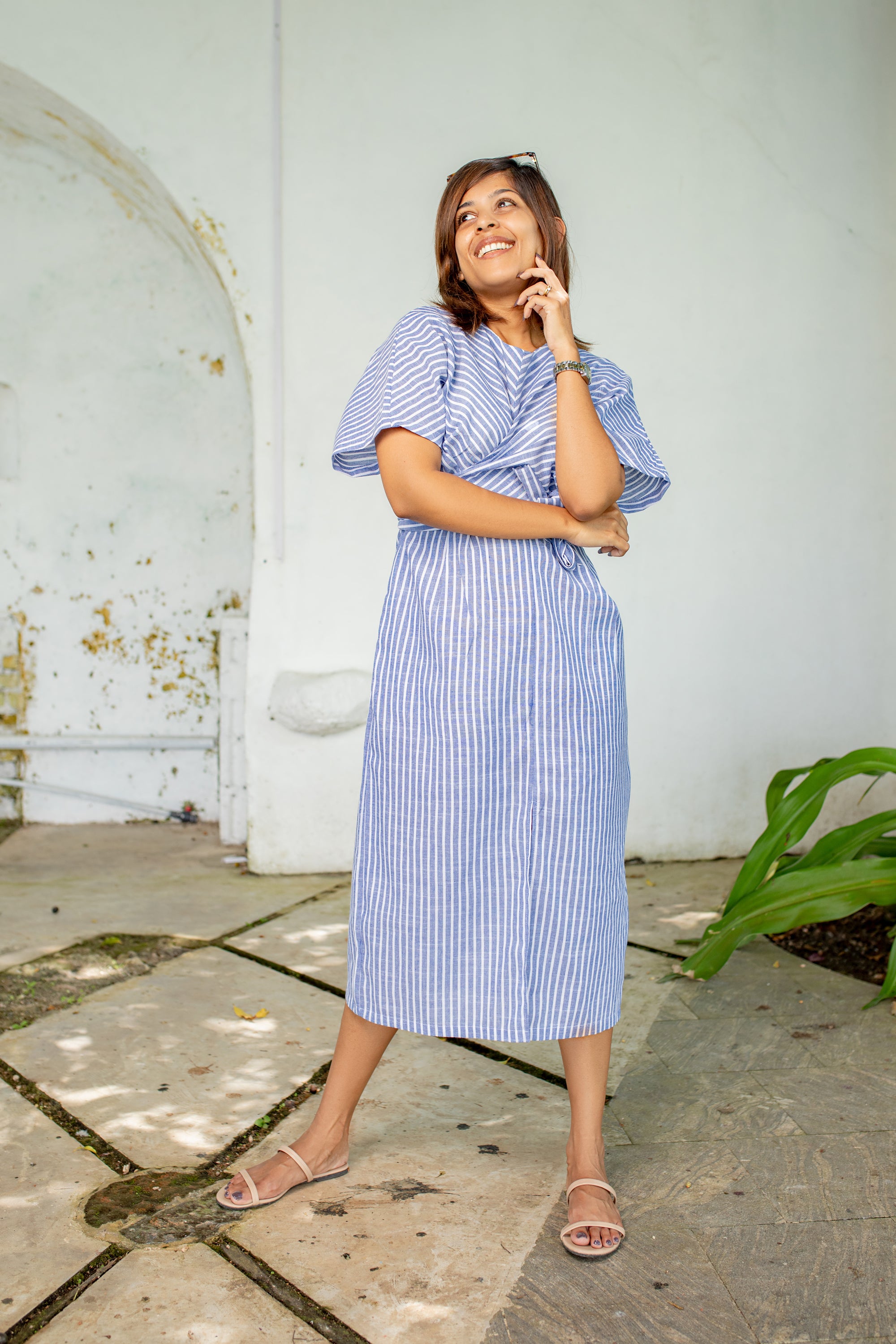 Saloni Bandage Sky Linen Midi Dress