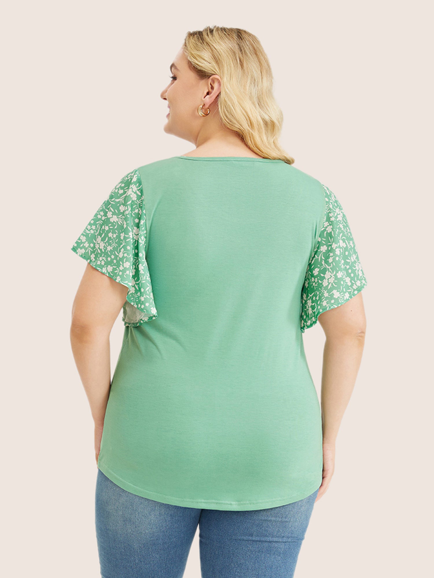 Ditsy Floral Ruffle Sleeve Round Neck T-Shirt