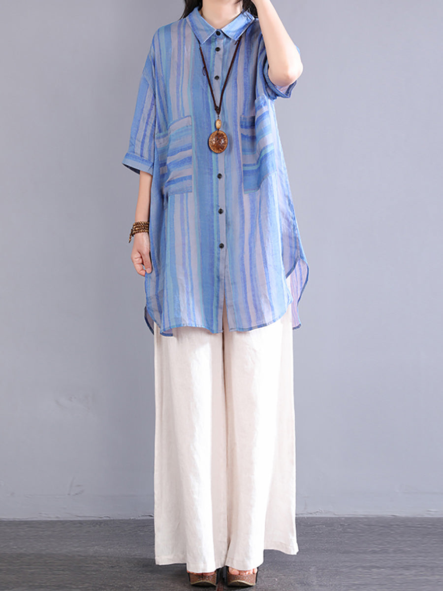 Women Summer Artsy Stripe Turn-down Collar 100%Ramie Shirt