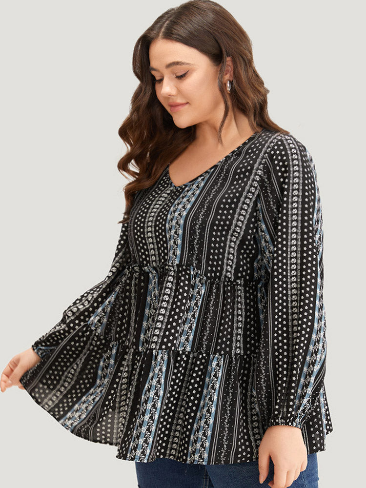 Boho Print Frill Trim Ruffle Layered Hem Blouse